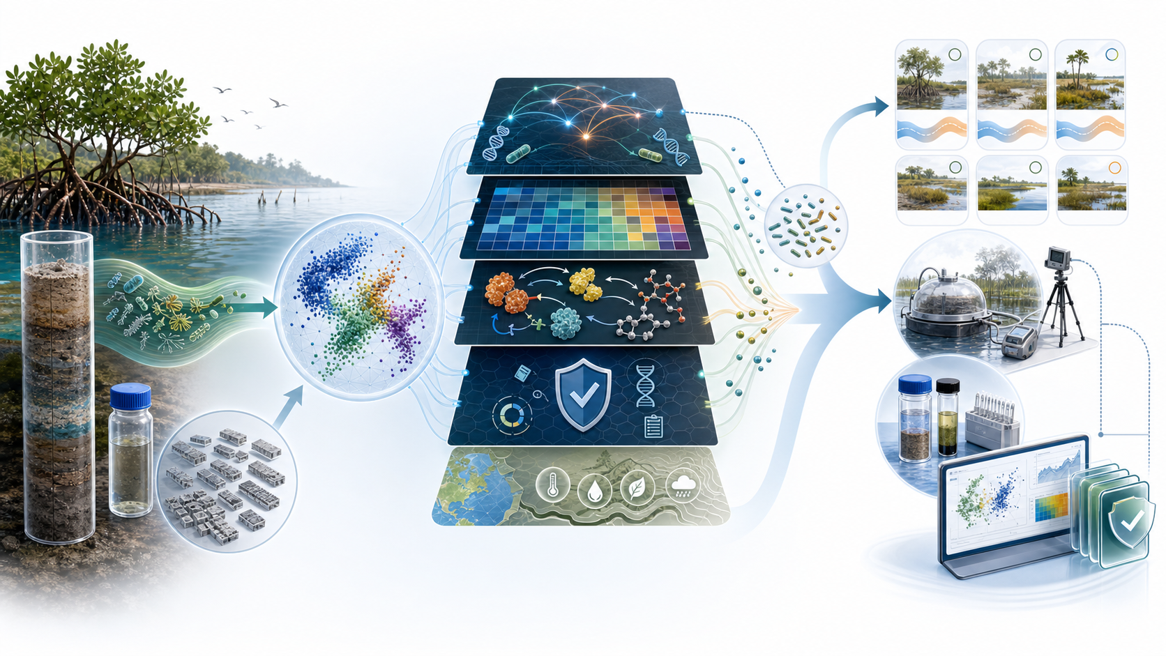 Graphical abstract showing MethaNet MAG and proteome molecular fingerprints flowing through sample linkage, abundance weighting, environmental covariates, uncertainty, and validation gates into sample-risk readiness labels.